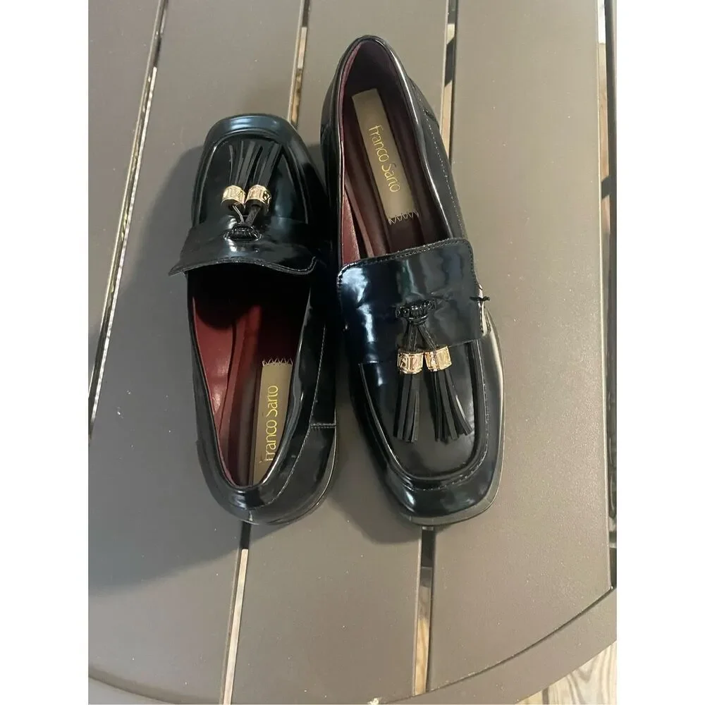 NWOB Franco Sorto Donna Block Heel Tassel Faux Patent leather Loafers Black 6M